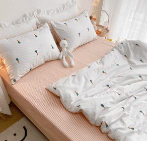 One Turnover Basket Happy Warm Pastoral Style Pure Cotton Four-piece Set Cute Bunny Dormitory (Option: Cherry Spike-1.2MThree Pieces)